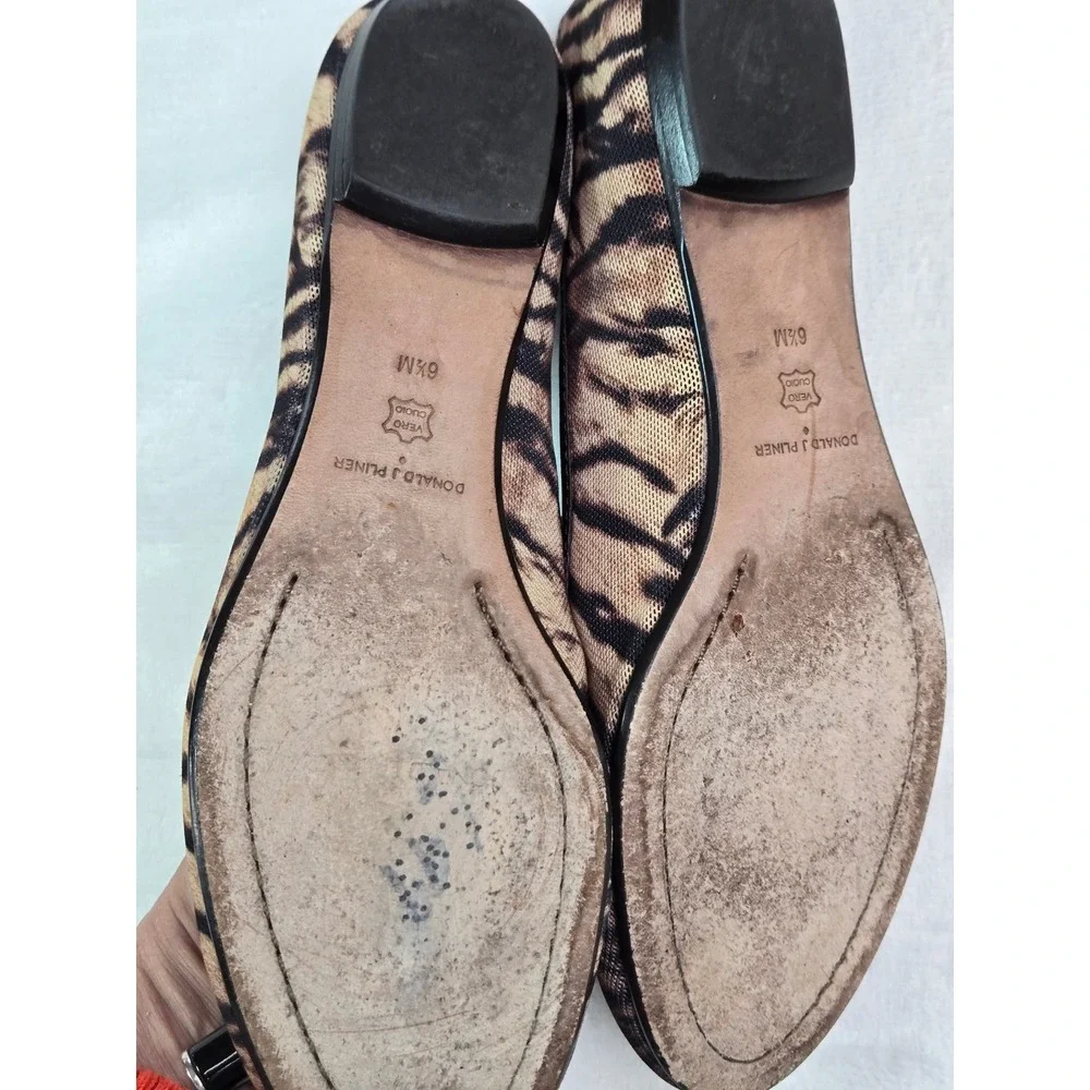 Donald J Pliner Tiger Print Ballet Flats Leather‎ Knot Detail Brown Black 6.5
